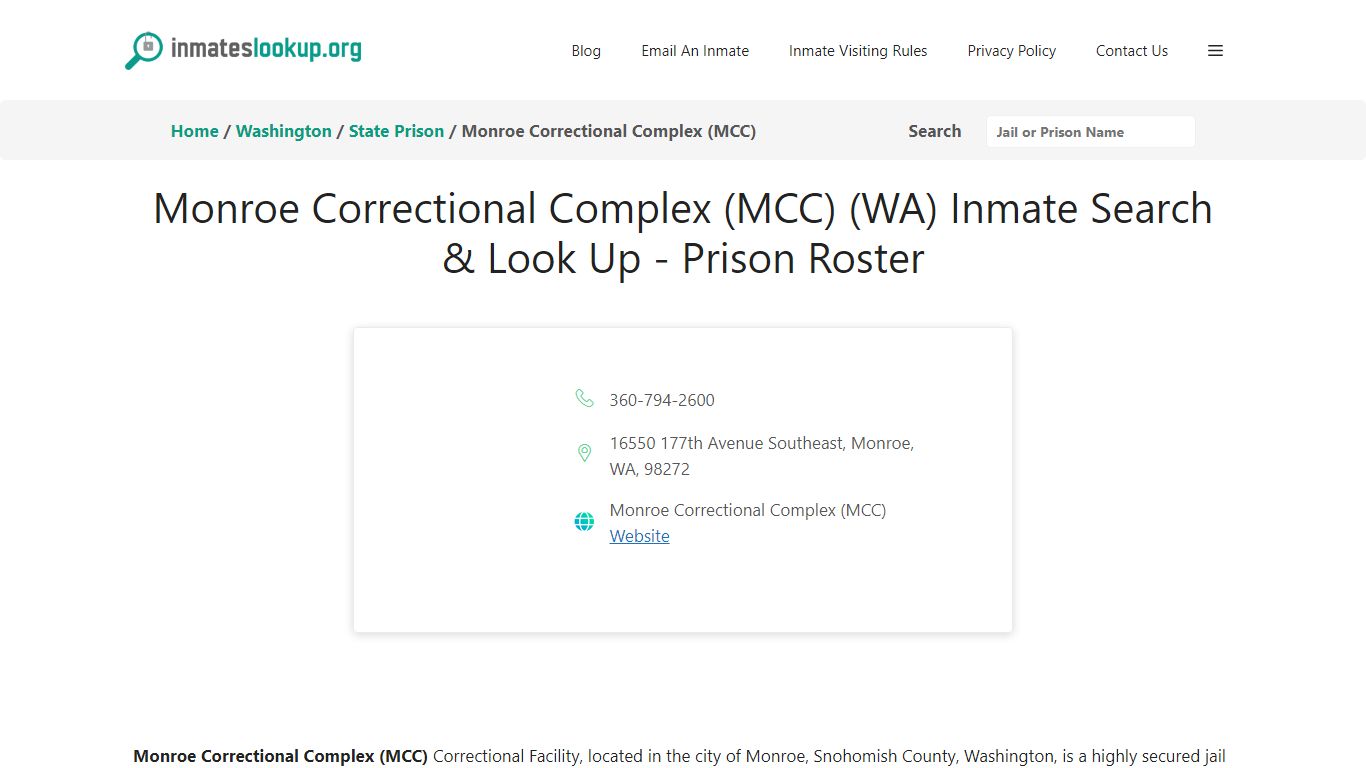 Monroe Correctional Complex (MCC) (WA) Inmate Search & Look Up - Prison ...